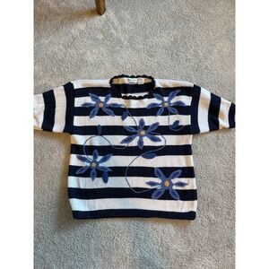 Carriage Court Women's Knit Sweater‎ Floral/Stripe Short Sleeve Size M